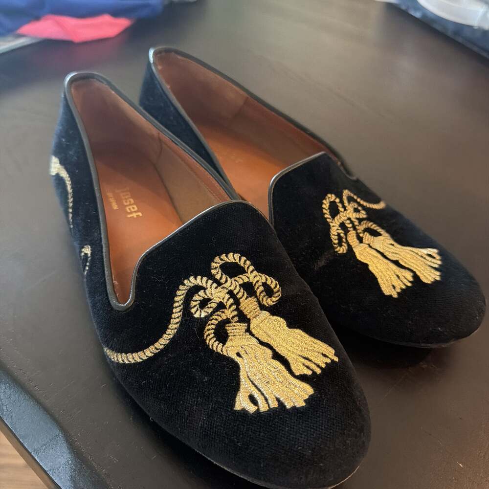 Jon Josef black velvet slip on embroidered shoes flats tassels size 7 - Picture 7 of 8